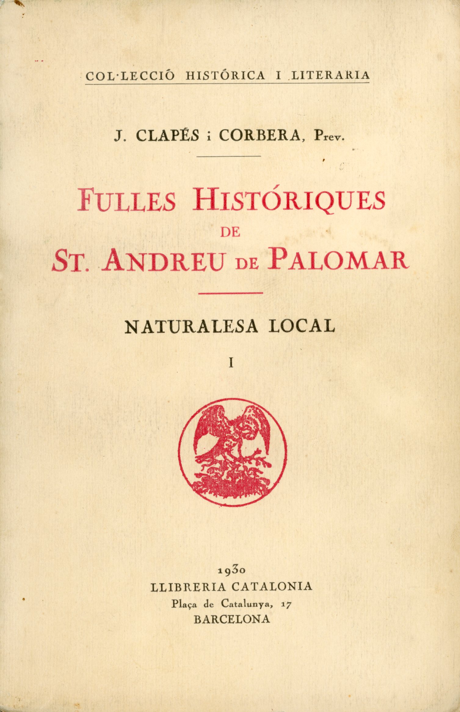 Fulles Històriques de St. Andreu de Palomar : Naturalesa local I - Portada